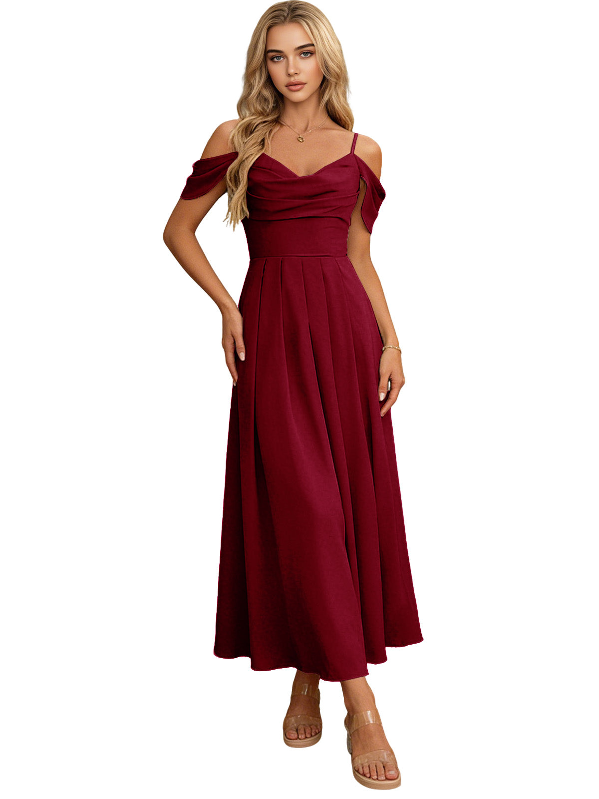 Off-shoulder midi bridesmaid dress in deep burgundy with pleated bodice and flowing skirt