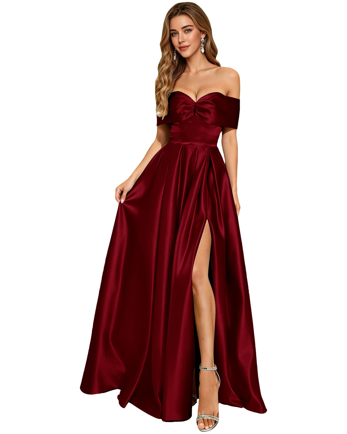 Dark red strapless satin prom dress with bow, pleated bodice, and high side slit