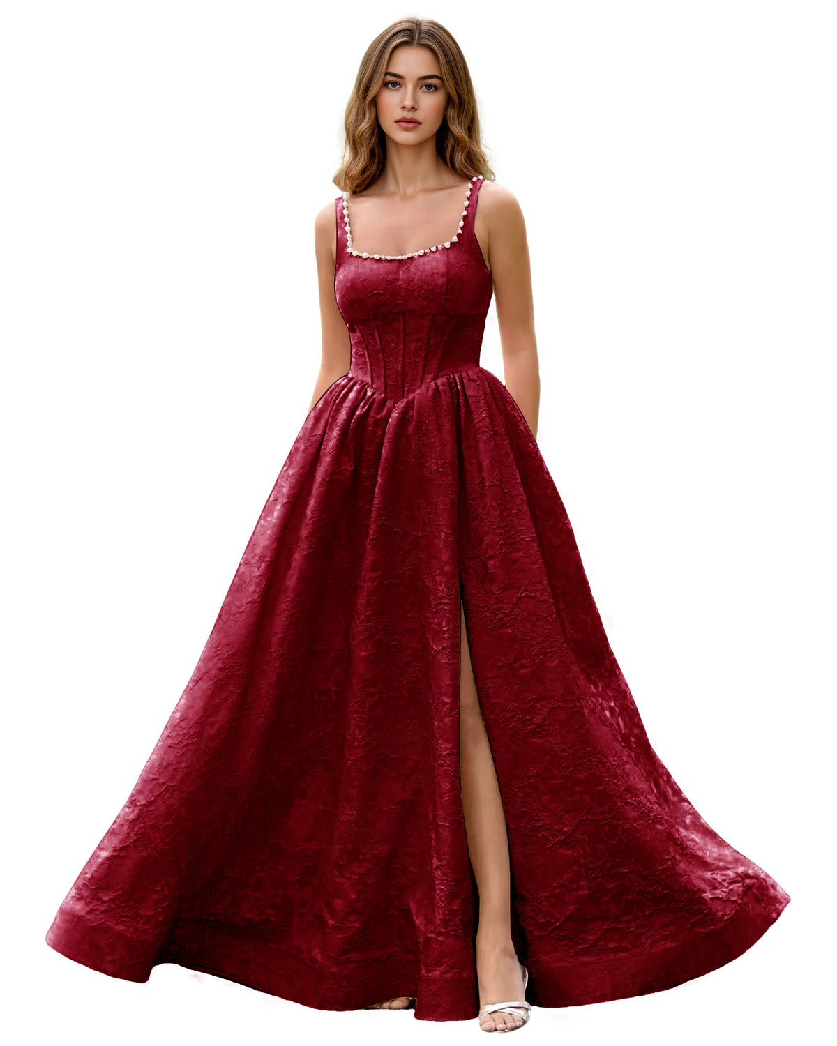 Burgundy jacquard ball gown with square neckline, wide straps, fitted bodice, full skirt slit