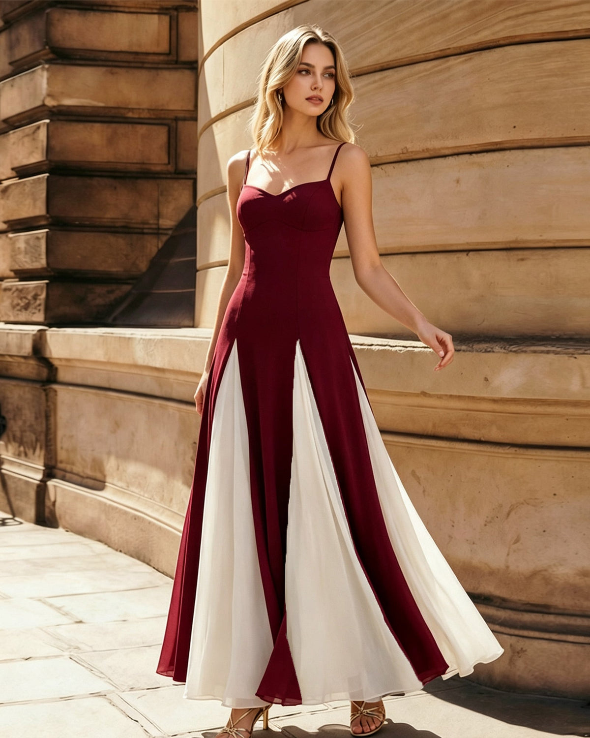 Colorblock spaghetti-strap jumpsuit dress in wine red with white flared skirt