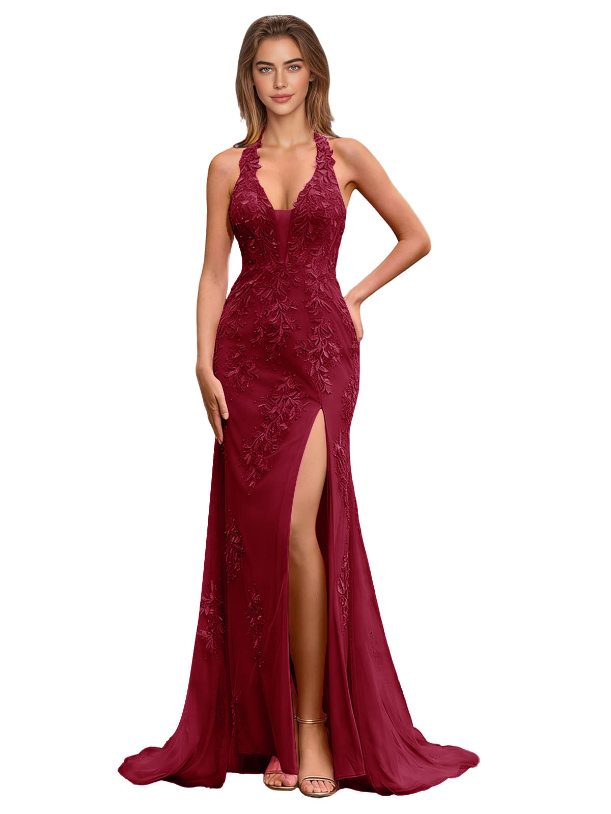 Red halter lace mermaid prom dress with applique bodice and thigh slit