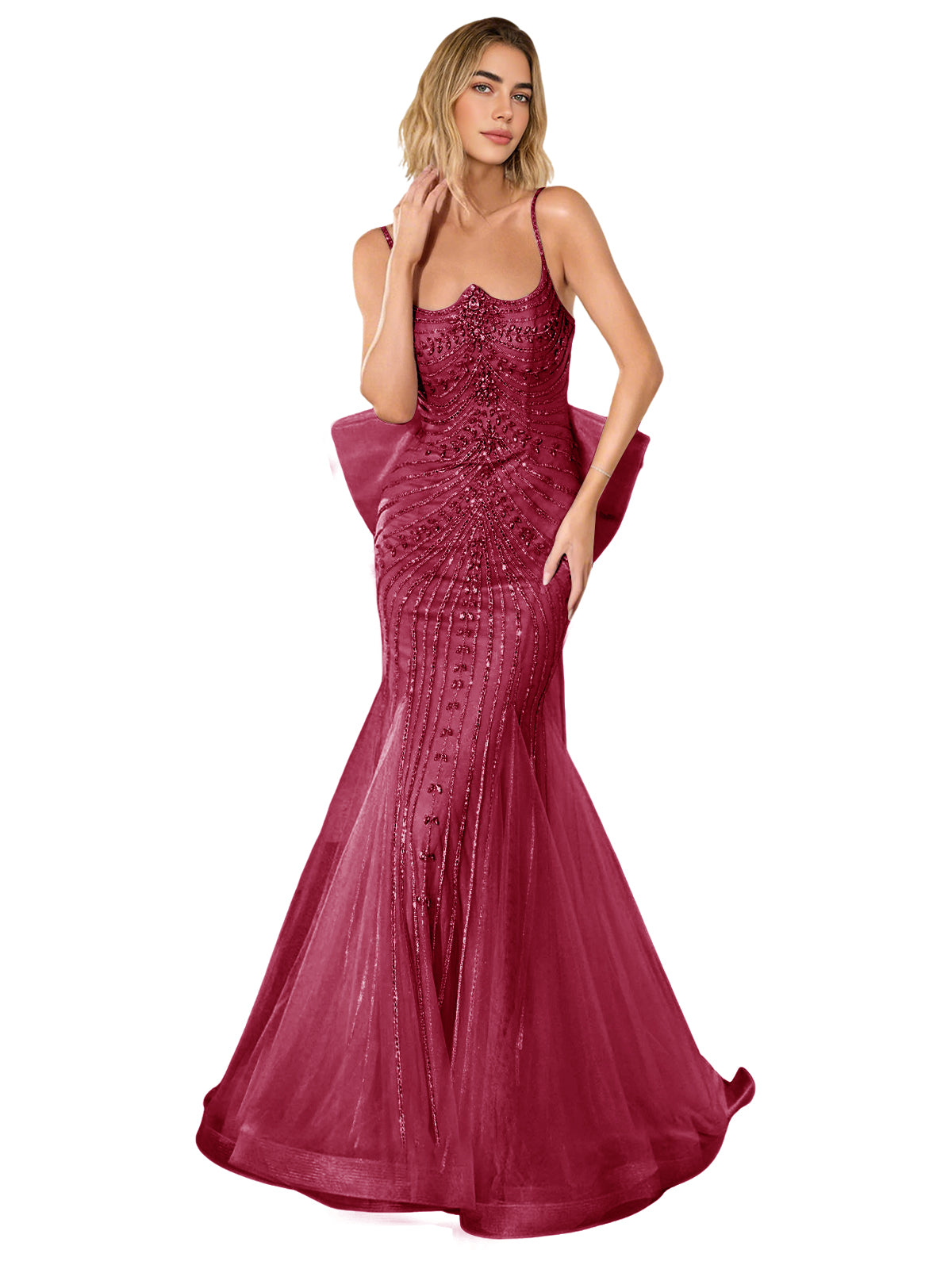 Wine red strapless lace trumpet prom dress with fitted corset bodice and sweep train