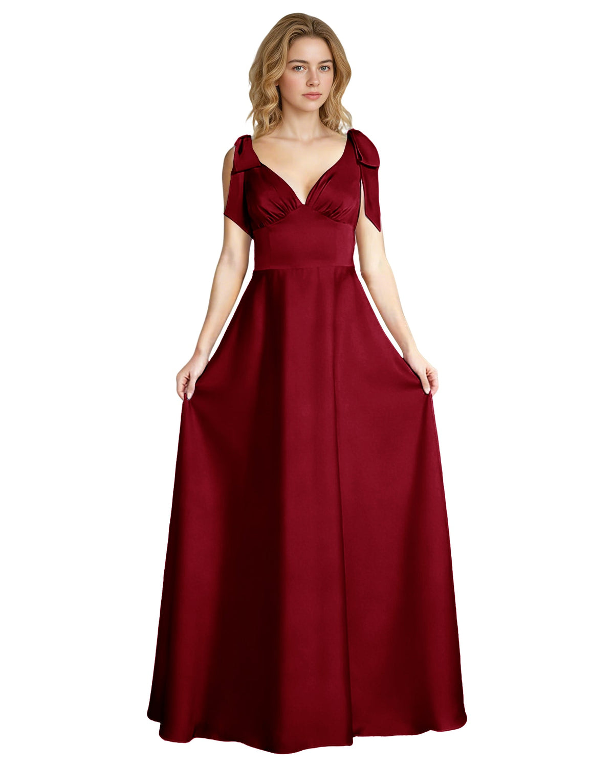 Burgundy satin V-neck bridesmaid dress with bow straps and empire waist, sleeveless