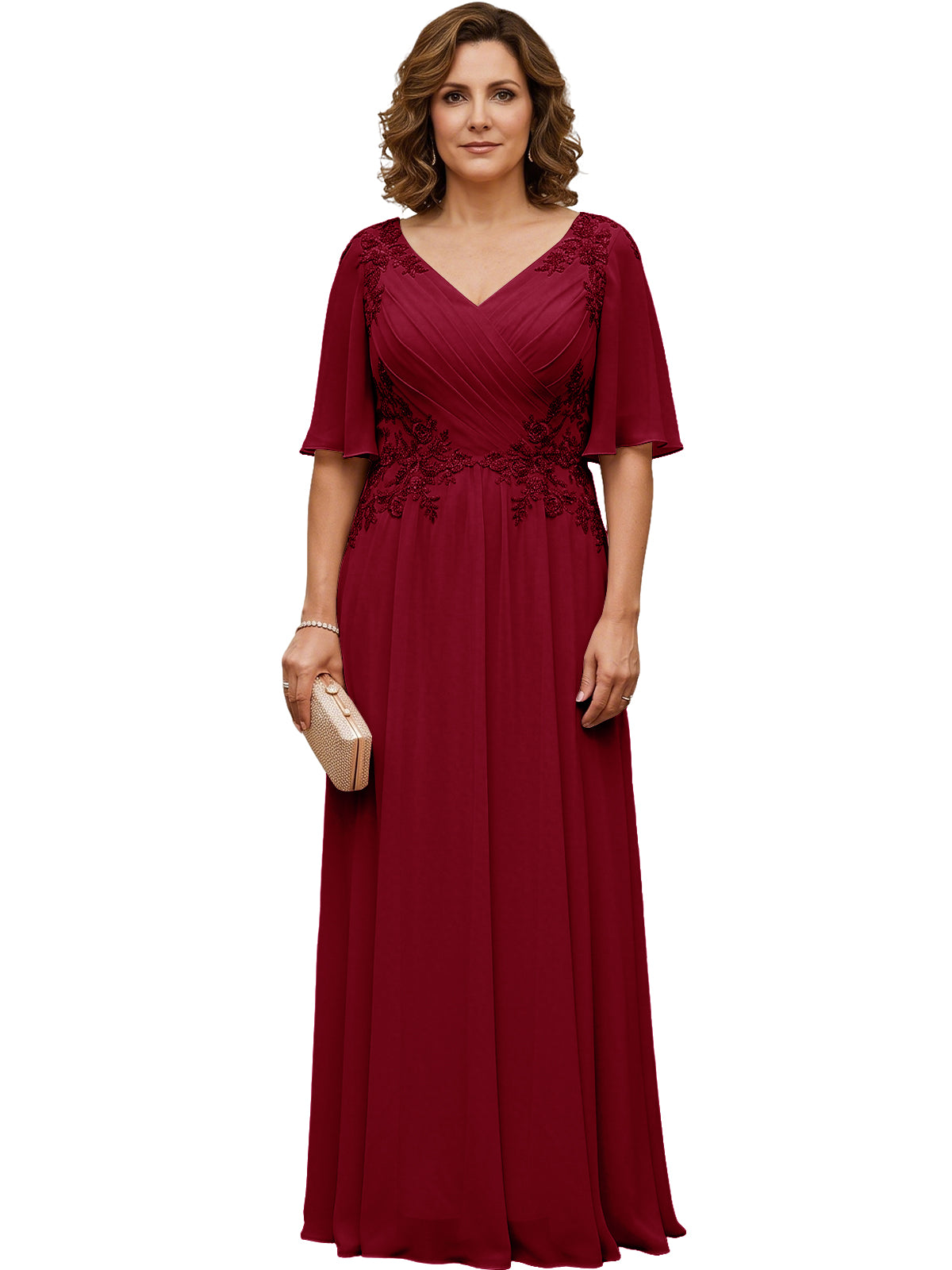Burgundy long chiffon A-line gown with V-neck, flutter sleeves, and beaded lace details