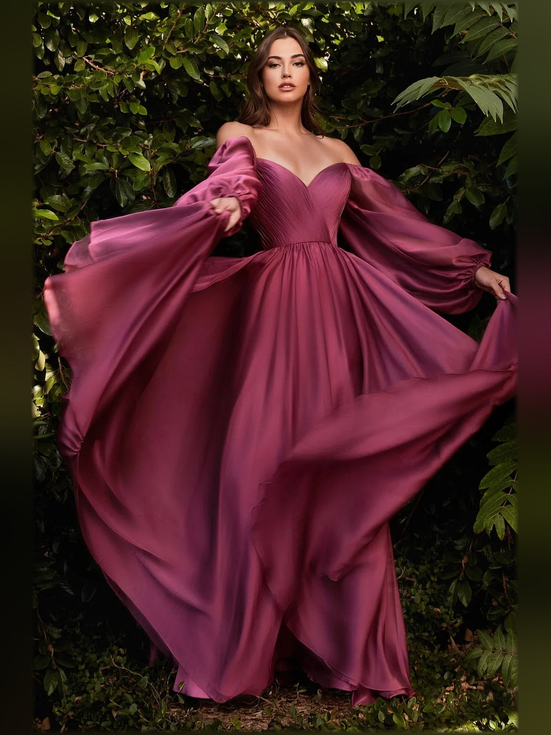 Plum long formal dress with off-shoulder neckline and wide puff sleeves