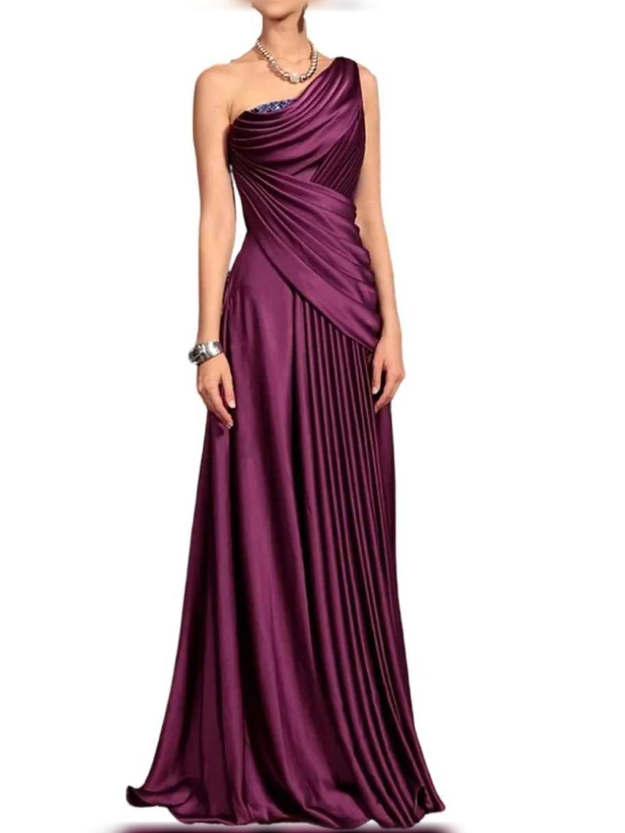 Plum one-shoulder formal dress with draped ruching and pleated floor-length design