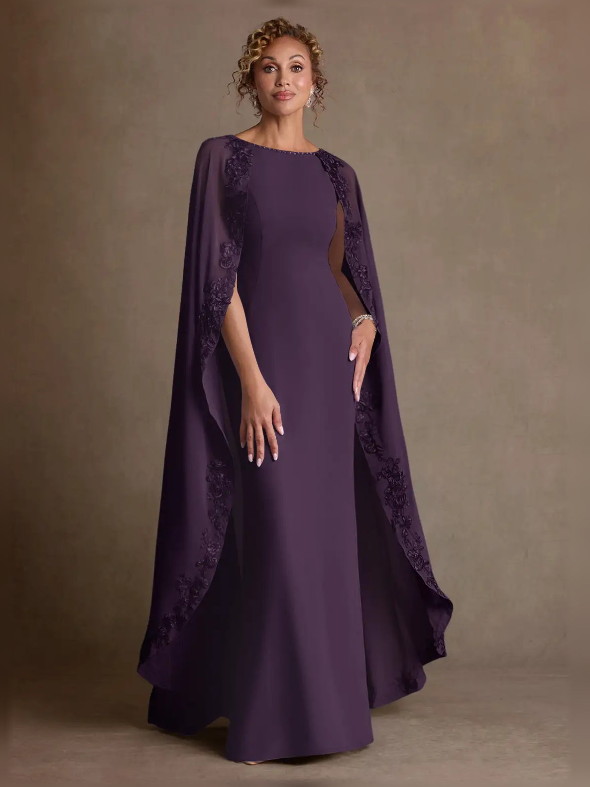 Plum boat-neck sheath maxi dress with sheer embroidered cape sleeves
