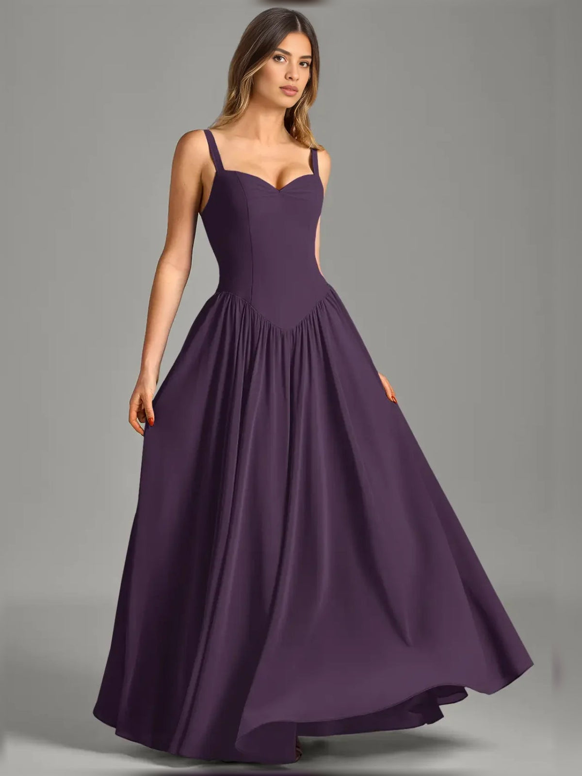 Plum sweetheart corset maxi chiffon dress with spaghetti straps and A-line gathered skirt
