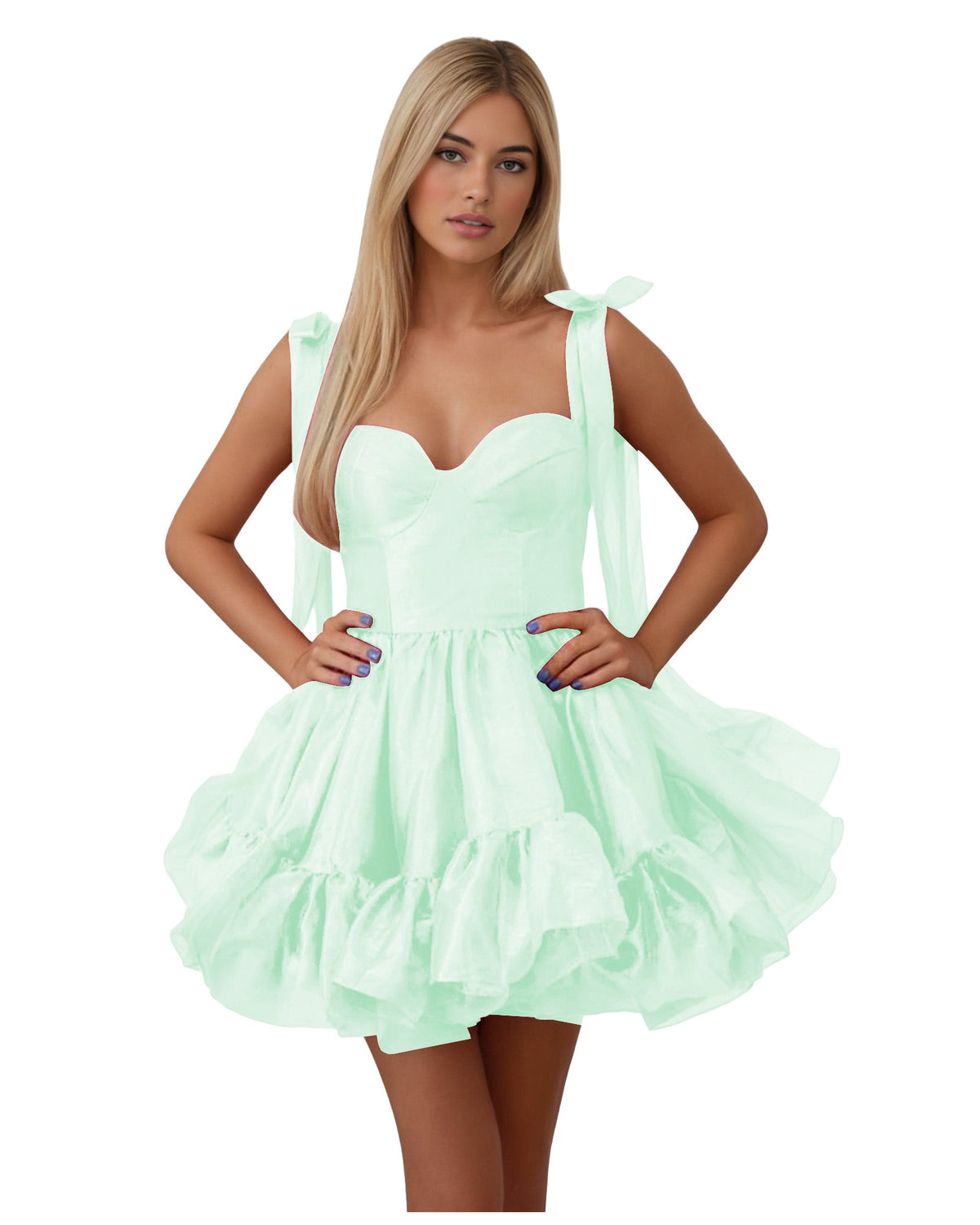Satin corset homecoming dress in mint green with bow shoulder straps and layered ruffles