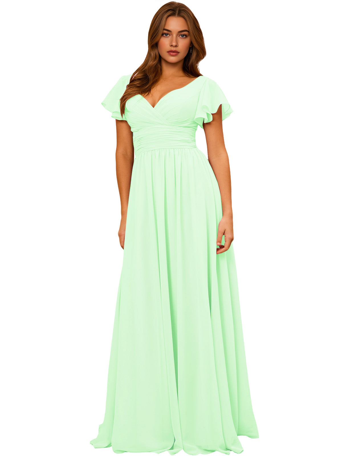 Mint green chiffon V-neck maxi dress with flutter sleeves and empire waist