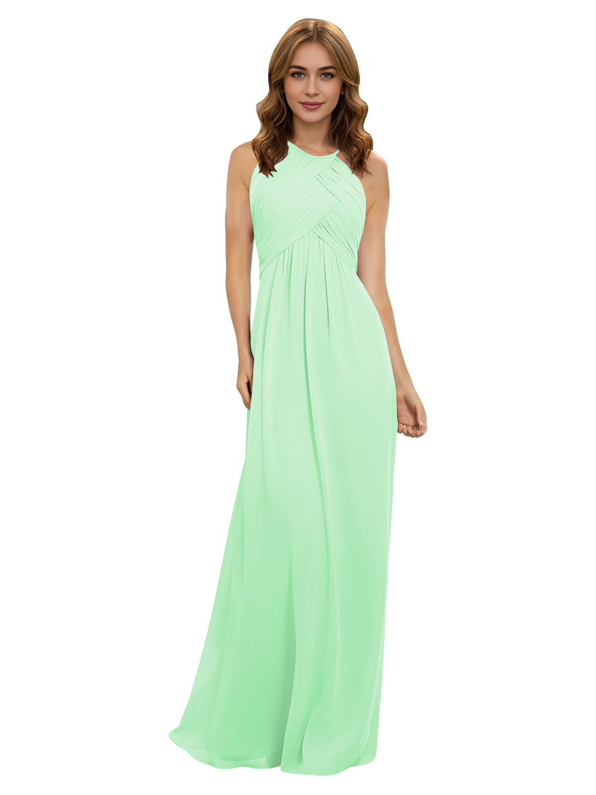 Mint green chiffon bridesmaid dress with halter neckline and twist bodice, sleeveless maxi