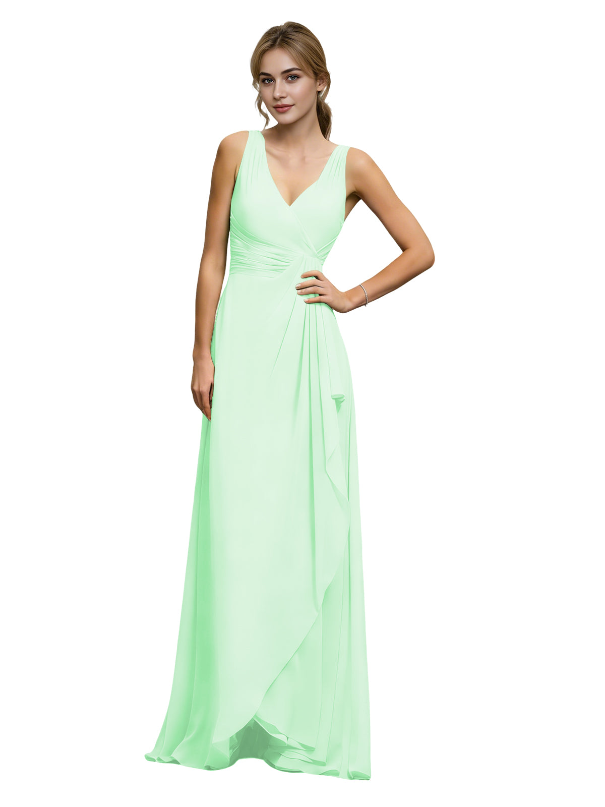 Mint green chiffon bridesmaid dress with halter V-neck and draped sash waist