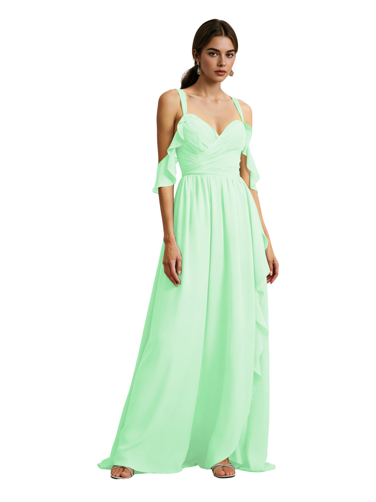 Cold-shoulder chiffon dress in mint green, draped V-neck bodice, flowing maxi skirt