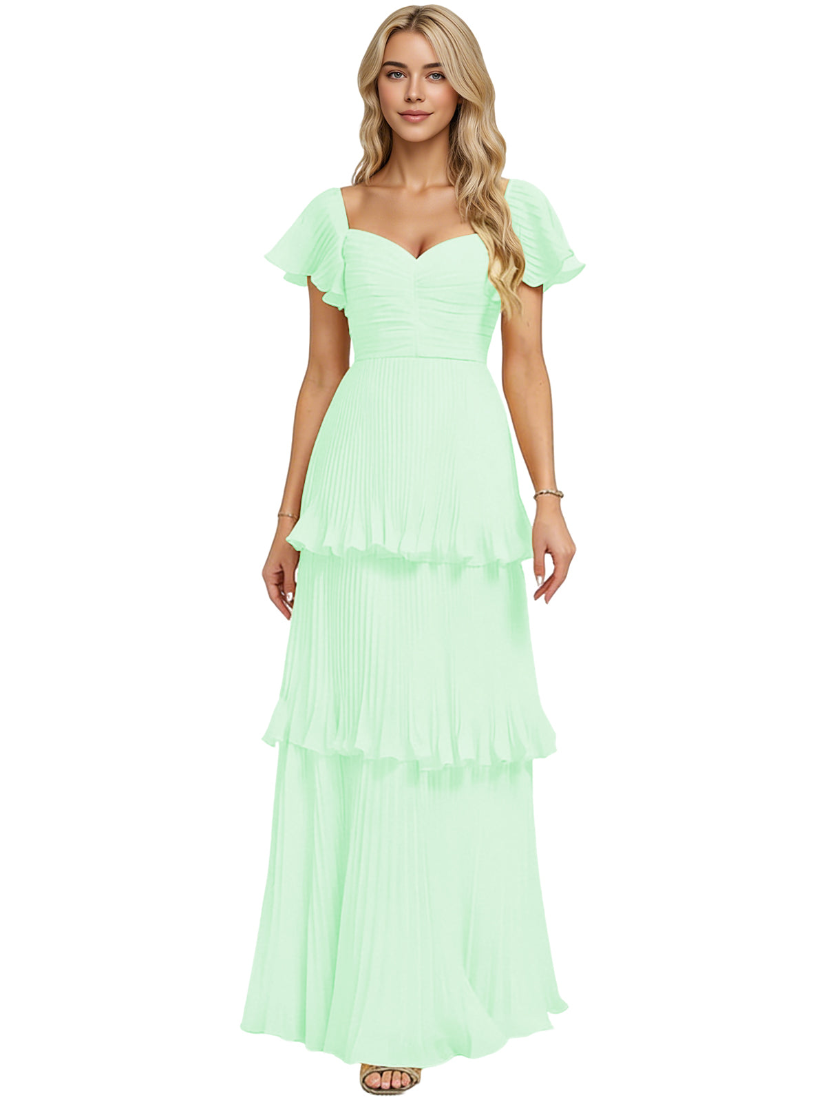 Mint green tiered ruffle chiffon bridesmaid dress with sweetheart neckline and short flutter sleeves