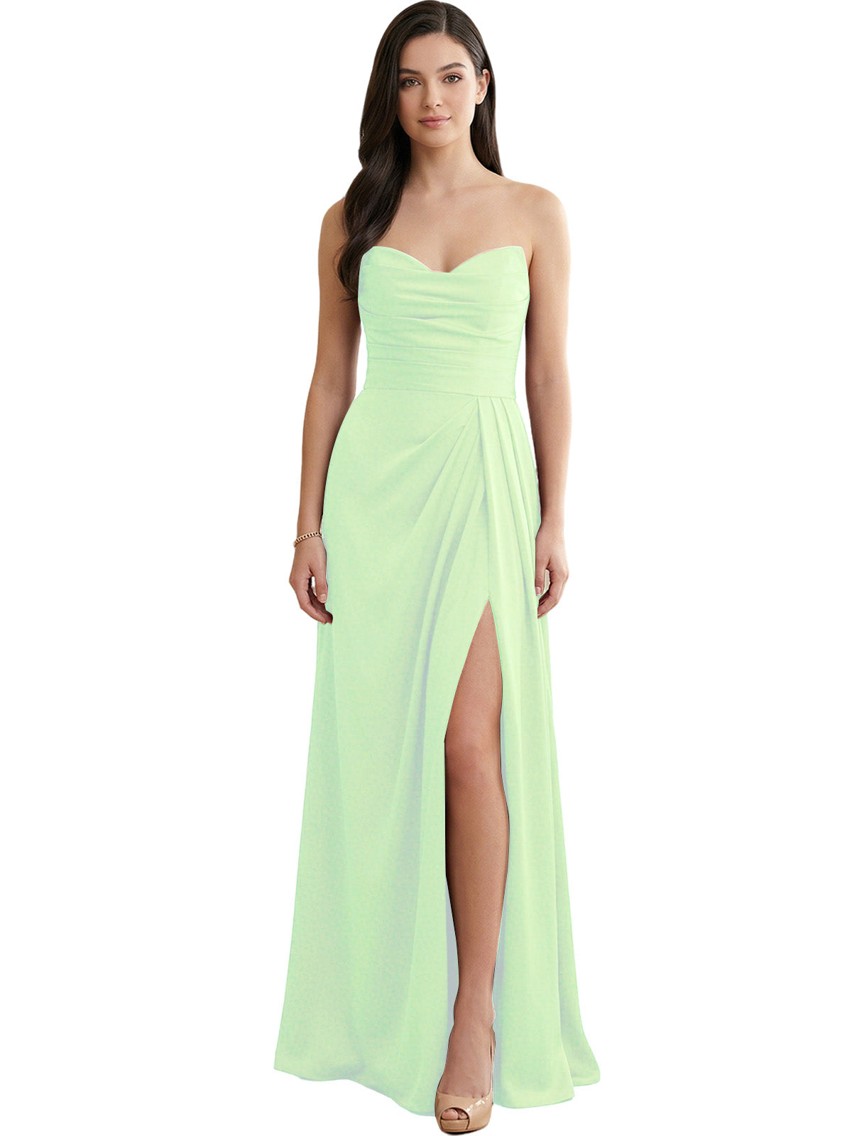 Mint green strapless pleated satin bridesmaid dress with side slit