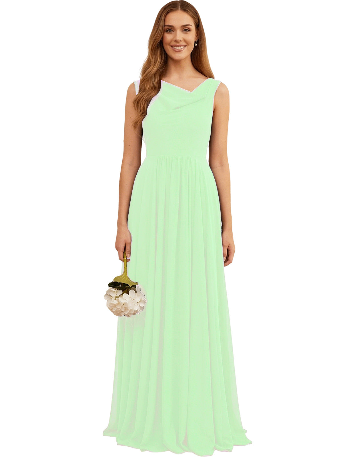 Light mint sleeveless chiffon bridesmaid dress with V-neck and gathered pleats
