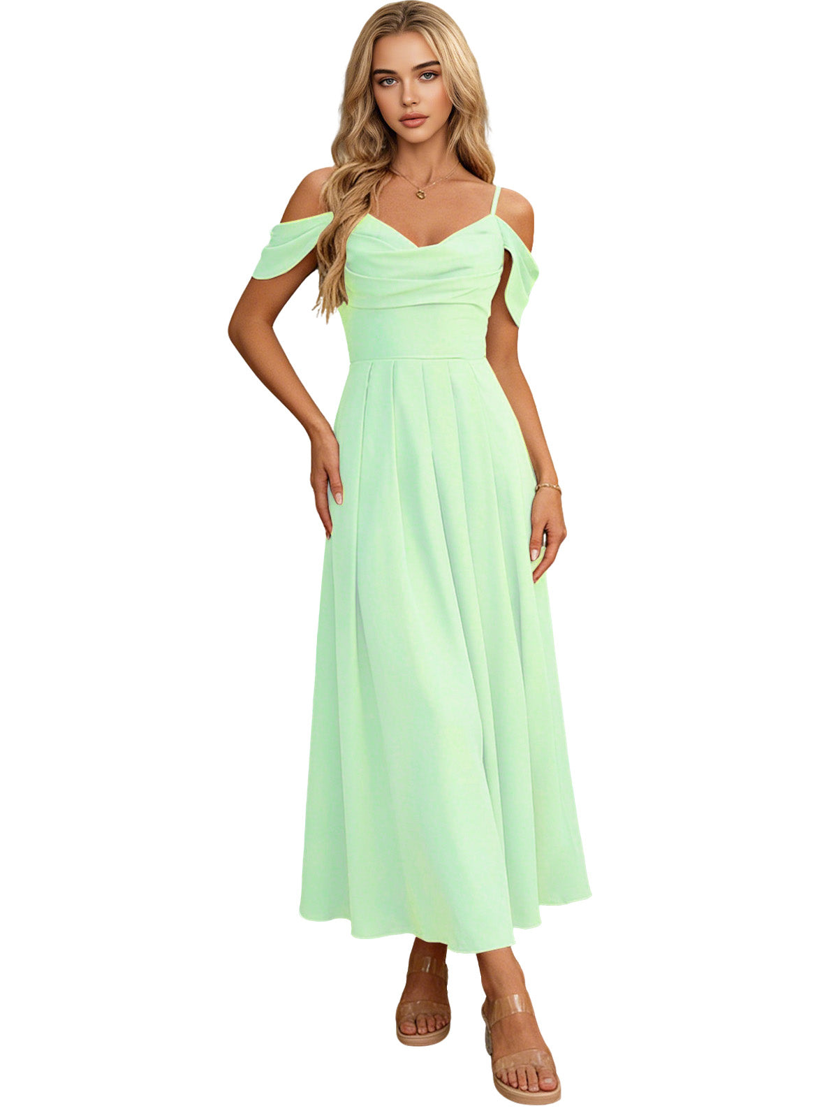 Off-shoulder midi bridesmaid dress in pale mint green with pleated bodice and flowing skirt