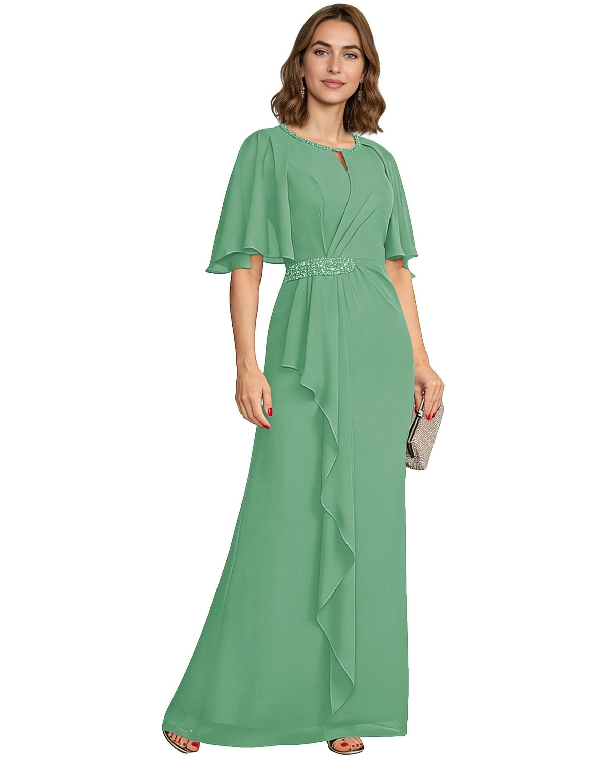 Chiffon A-line mother-of-the-bride dress with flutter sleeves, beaded waist, mint green drape