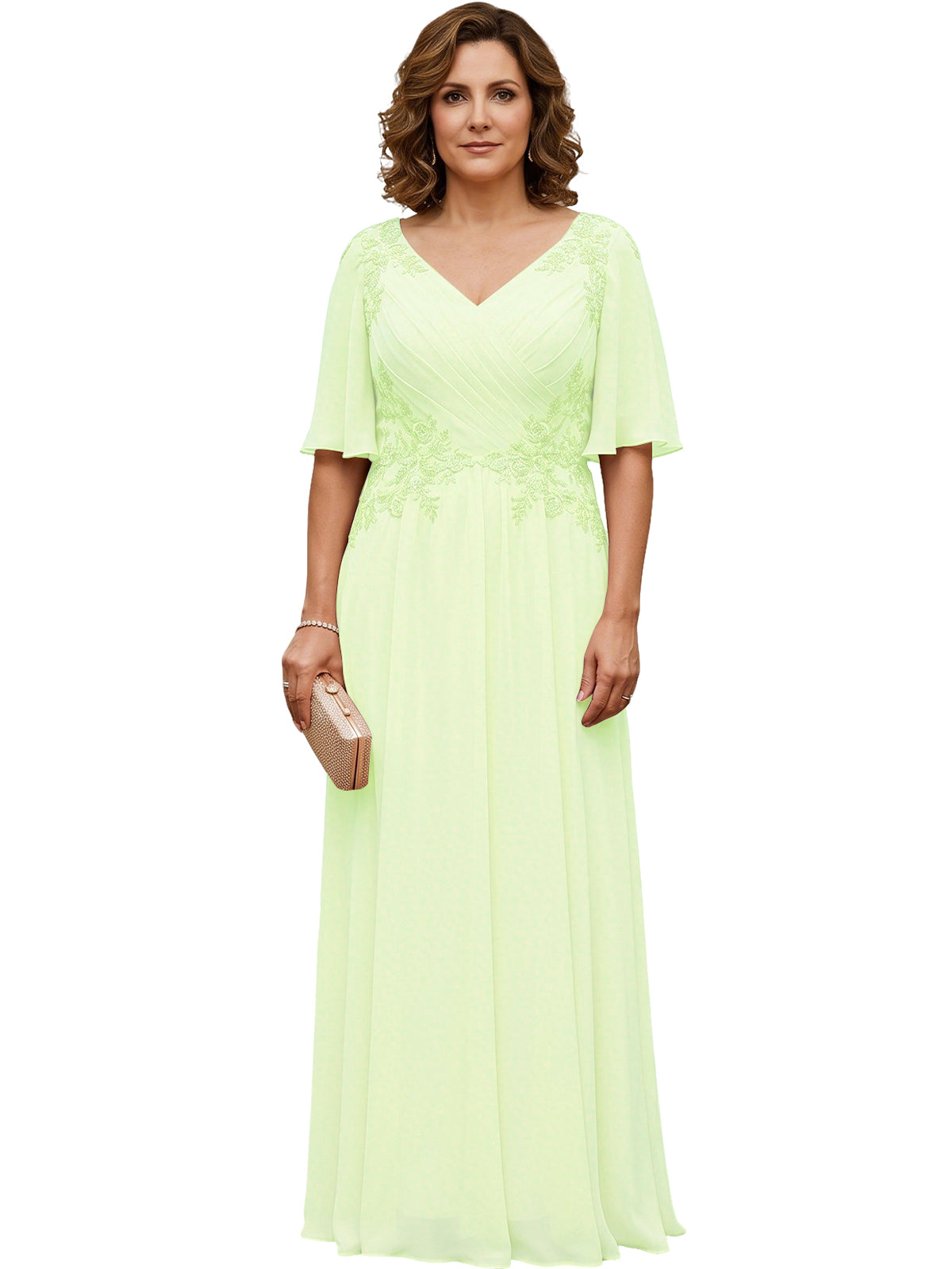 Light green long chiffon A-line gown with V-neck, flutter sleeves, and beaded lace details