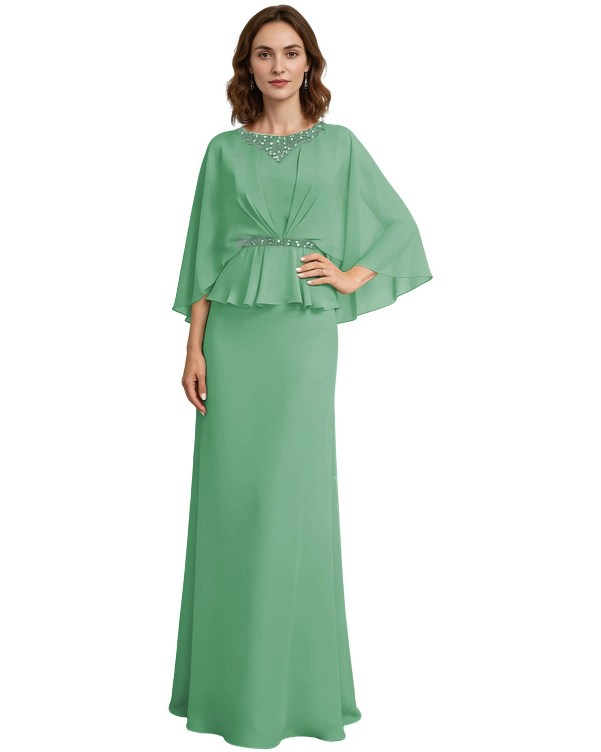 Mint green mother-of-the-bride dress with beaded neckline, capelet sleeves, peplum waist.