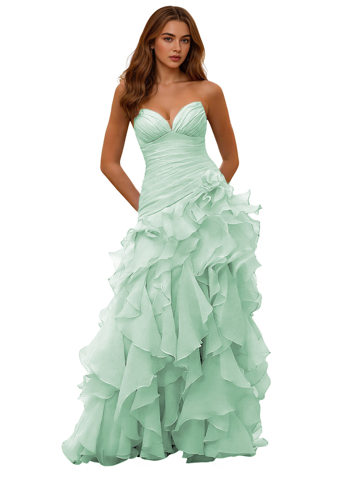 Mint green strapless sweetheart ball gown with draped corset bodice and layered ruffle skirt