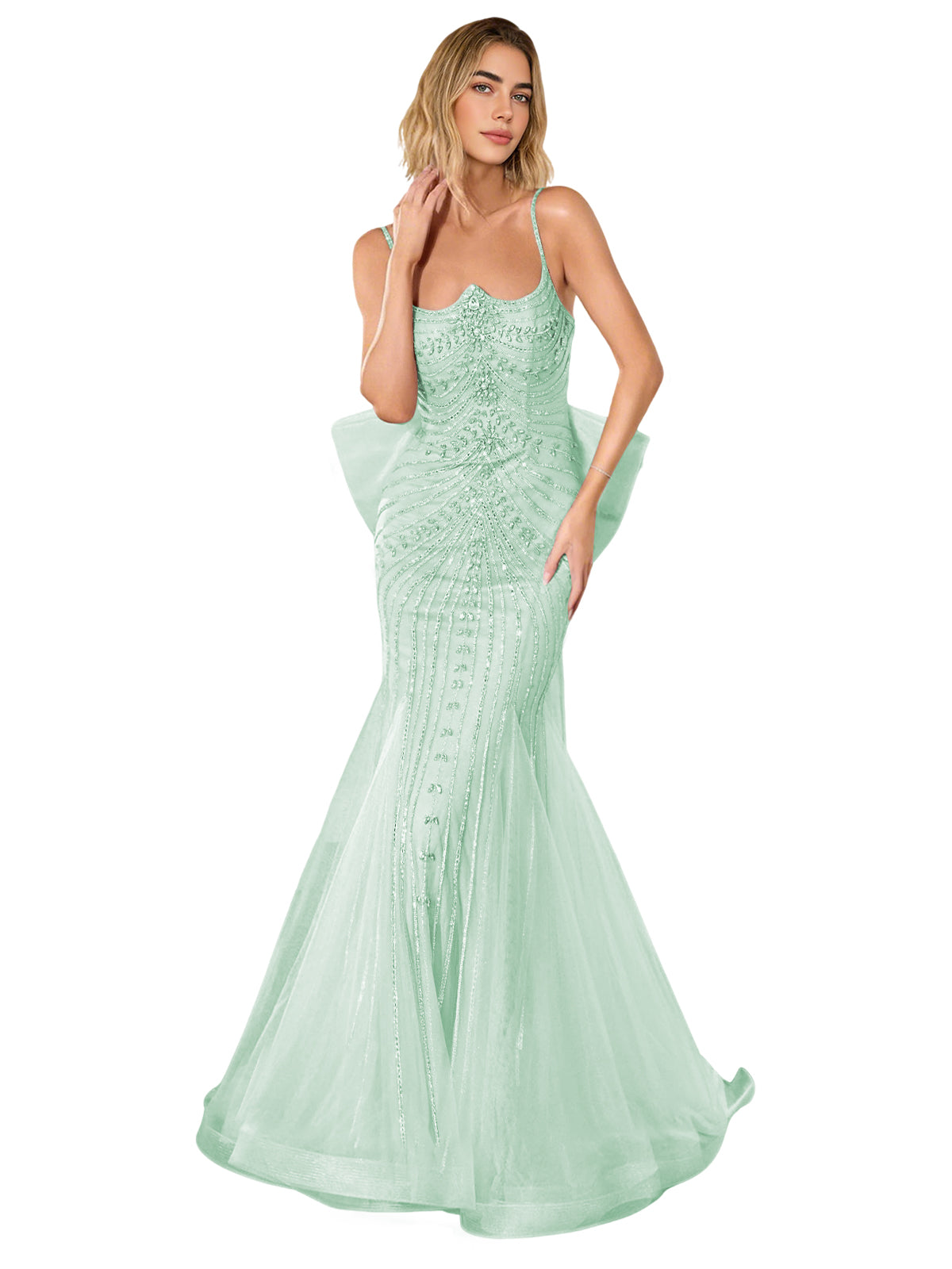 Mint green strapless lace trumpet prom dress with corset-style bodice and sweep train