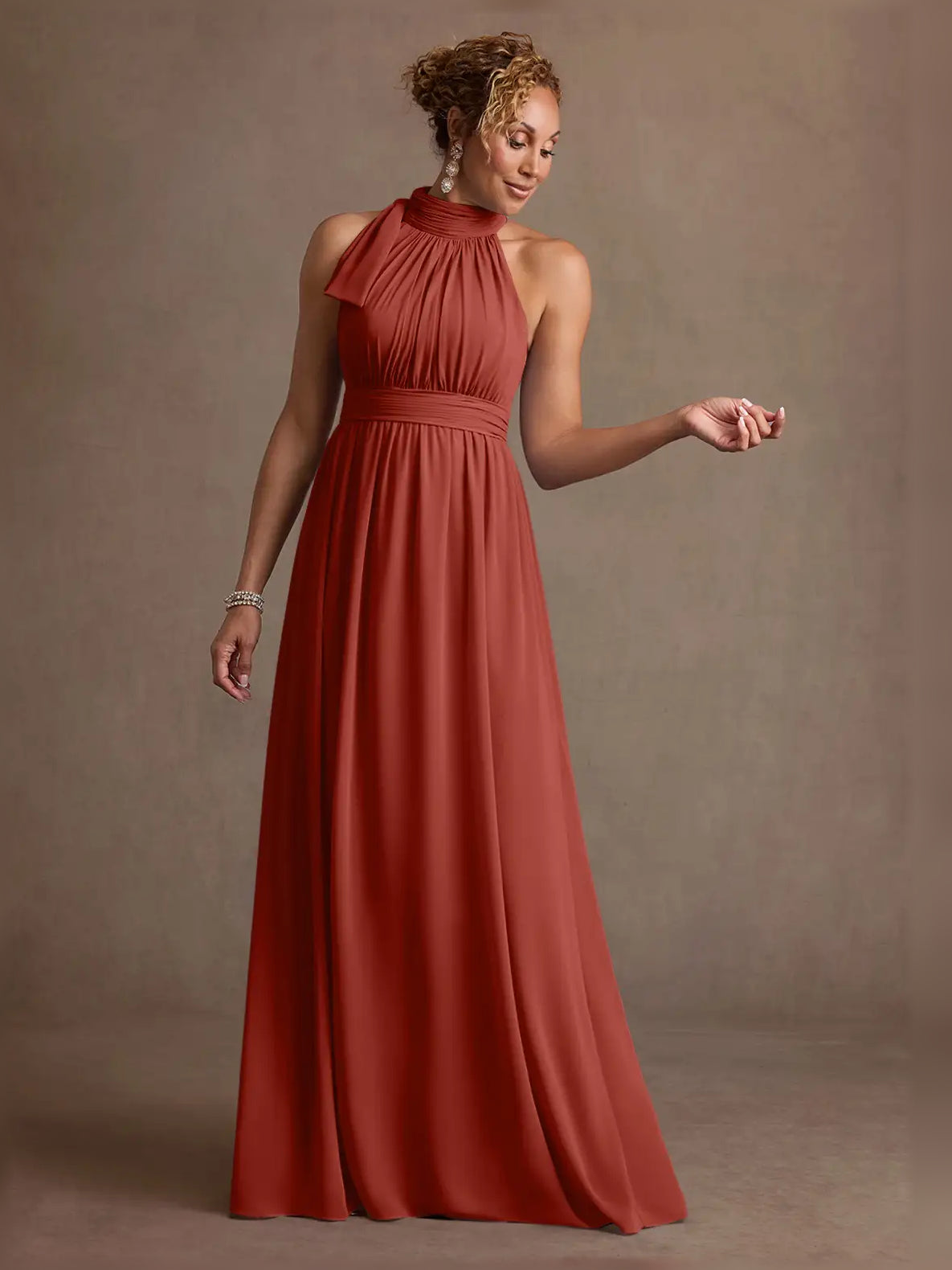 Rust red halter neck ruched A-line formal dress, floor-length skirt with gathered bodice