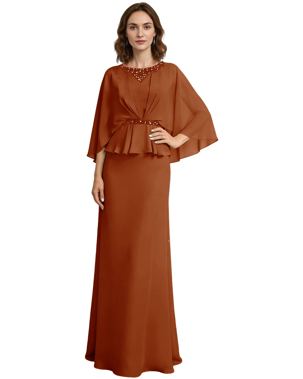 Rust brown mother-of-the-bride dress with beaded neckline, chiffon capelet sleeves, peplum waist.