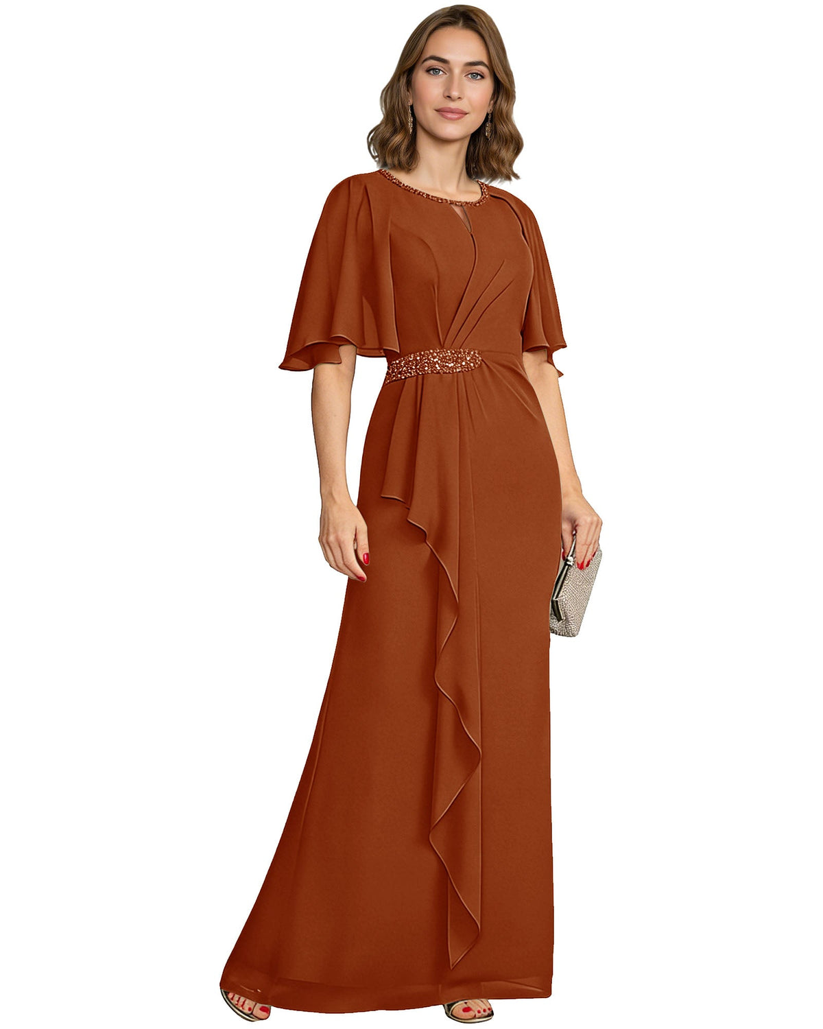 Chiffon A-line mother-of-the-bride dress with flutter sleeves, beaded waist, rust brown drape