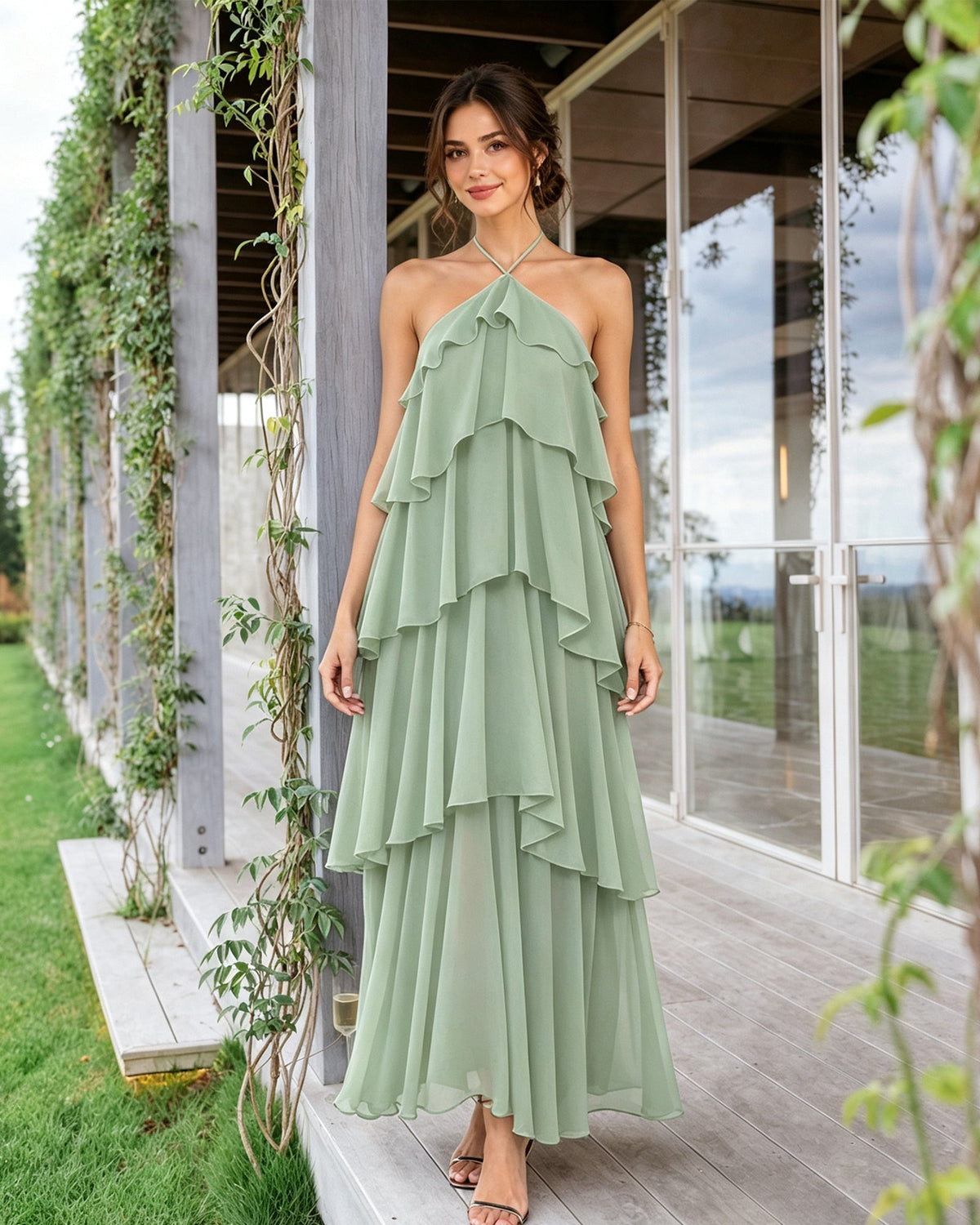 Sage green halter-neck tiered chiffon bridesmaid dress with layered ruffle overlay