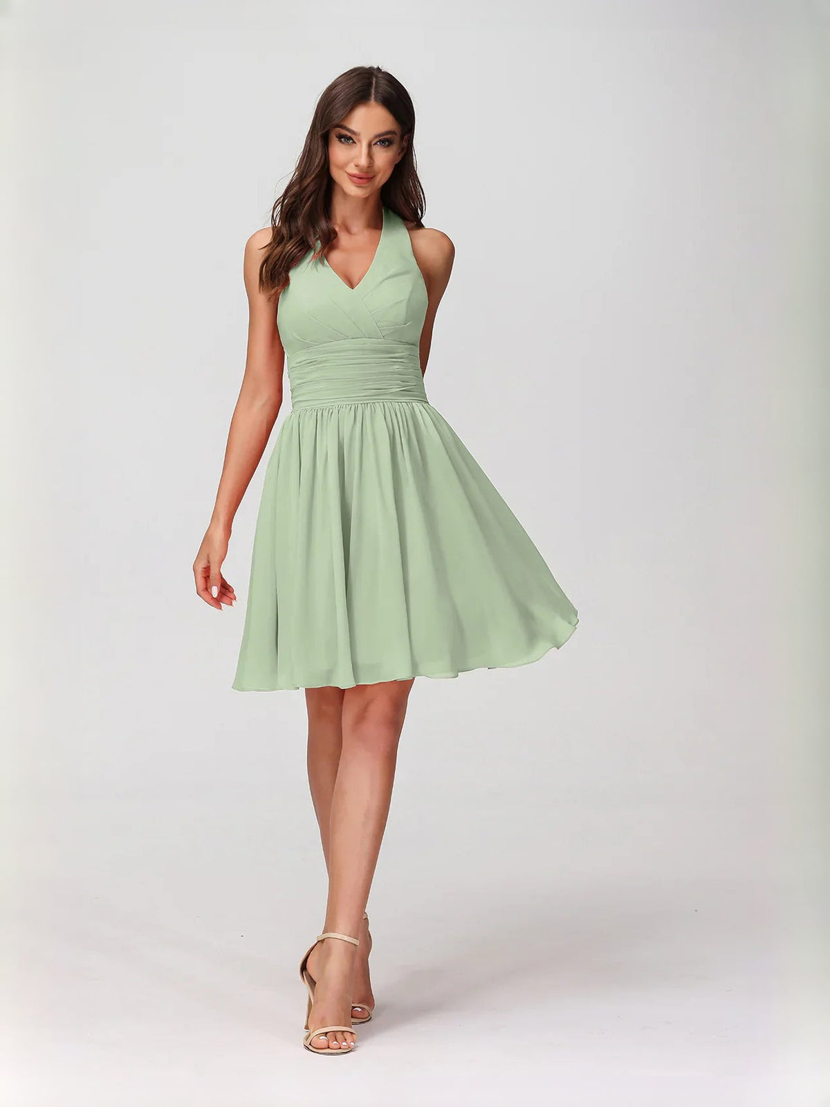 Sage green ruched halter A-line mini chiffon dress with V-neck bodice