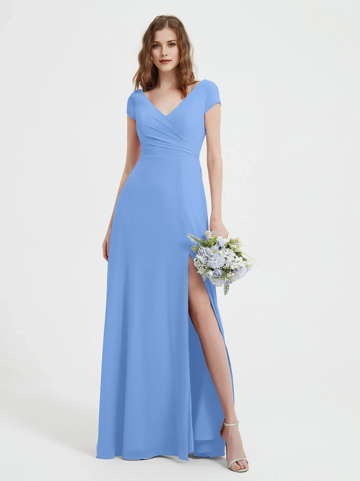 Light blue V-neck maxi chiffon dress with ruched waist and side slit
