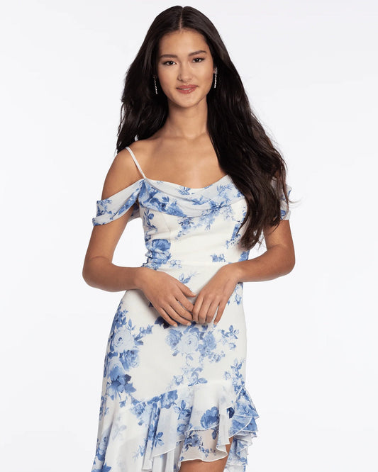 Ivory and blue floral A-line maxi dress with spaghetti straps and ruffled skirt