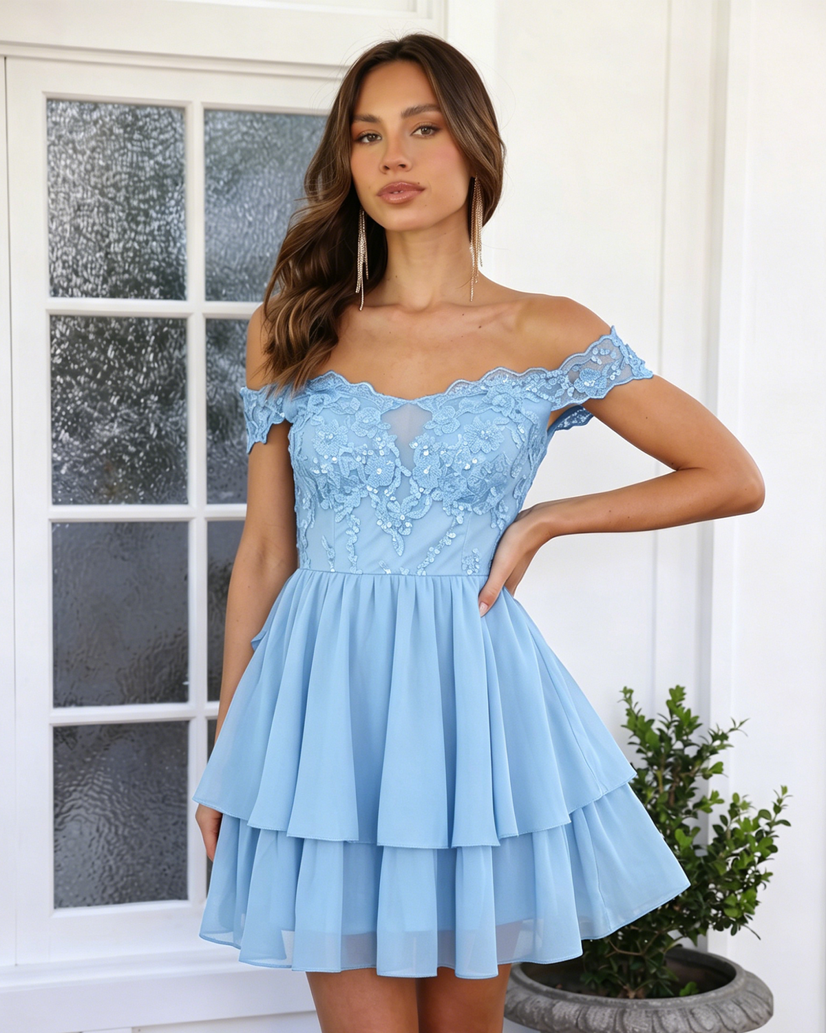 Light blue off-shoulder lace A-line homecoming dress with tiered skirt and embellished bodice