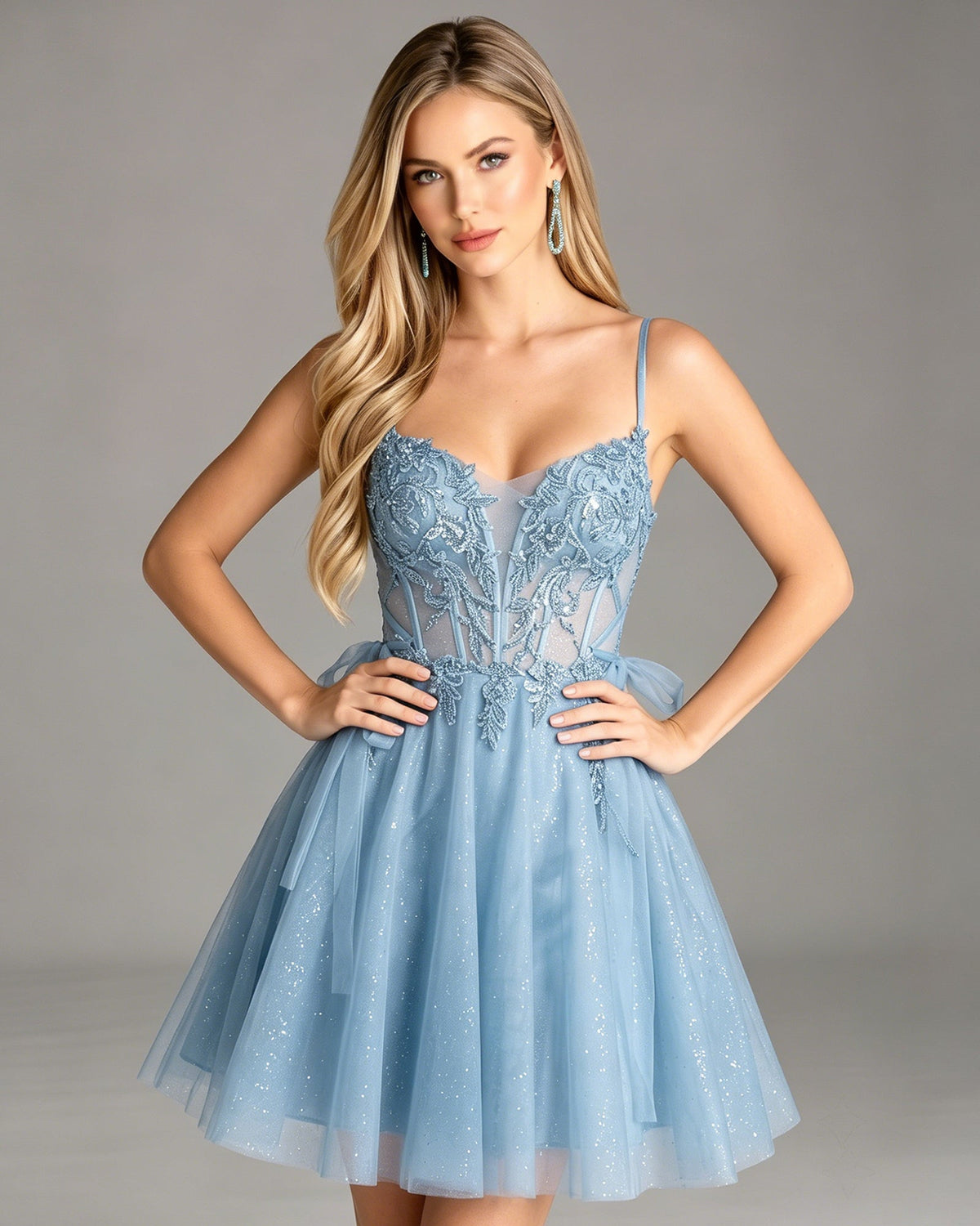Light blue glitter tulle homecoming dress with lace corset bodice and flared tulle skirt
