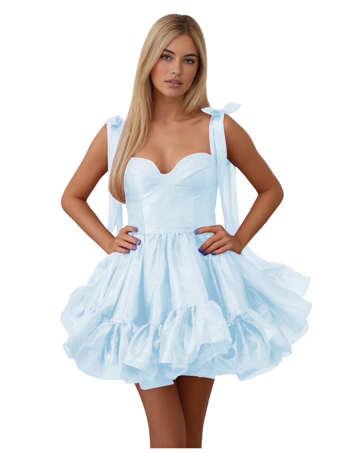 Satin corset homecoming dress in light blue with bow shoulder straps and tiered ruffles