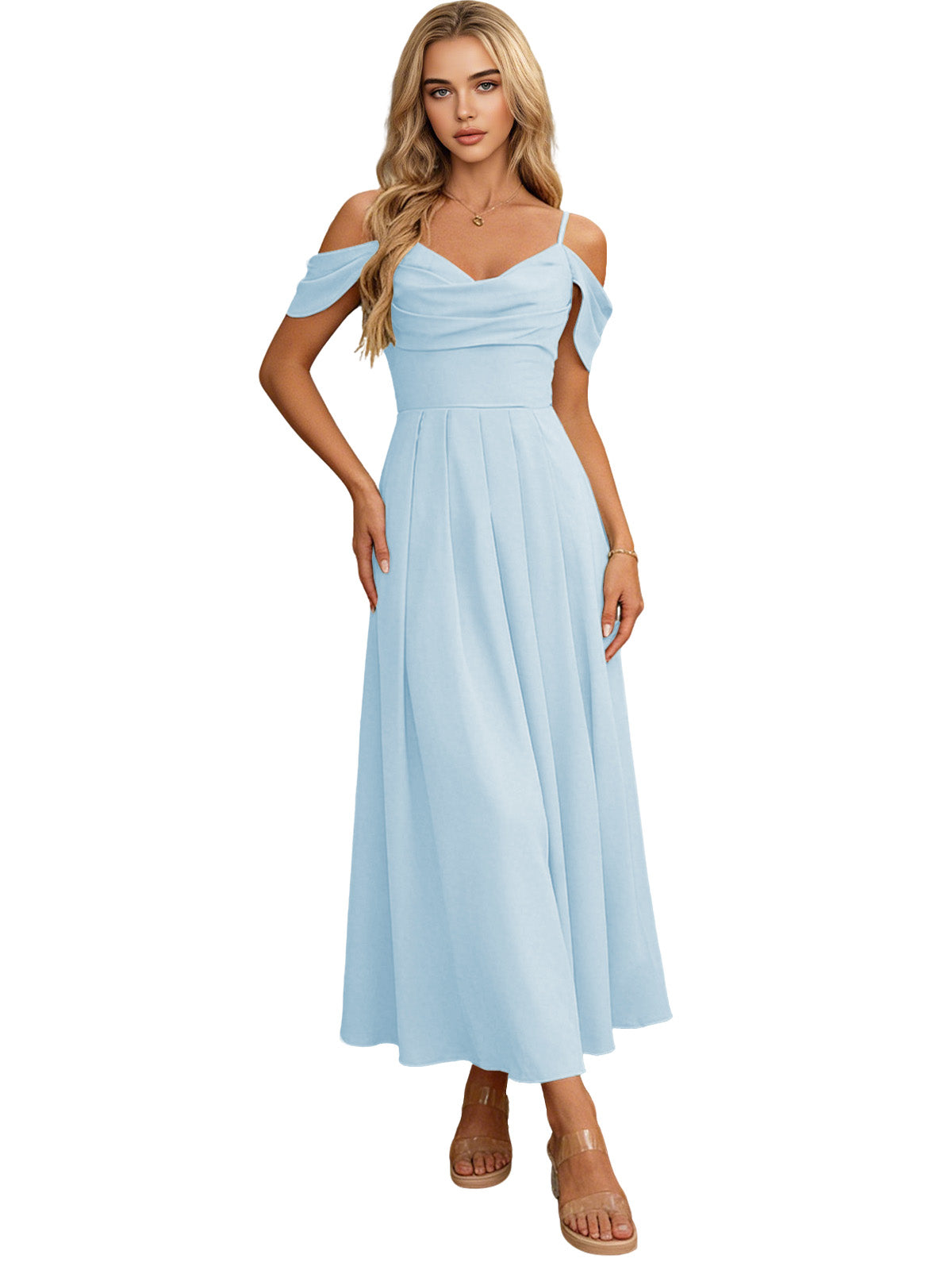 Off-shoulder midi bridesmaid dress in light sky blue with pleated bodice and flowing skirt