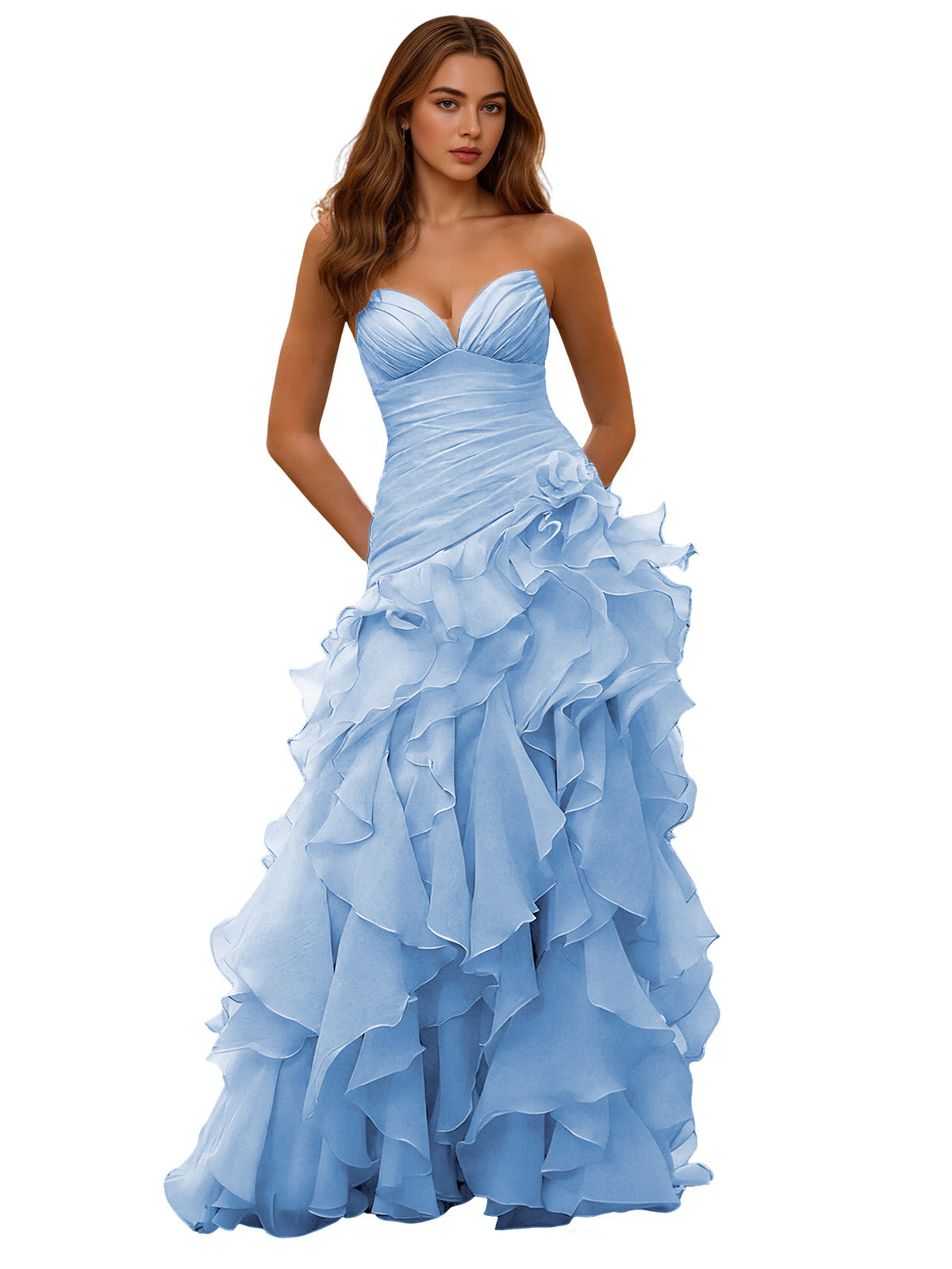 Light blue strapless sweetheart ball gown with draped corset bodice and layered ruffle skirt