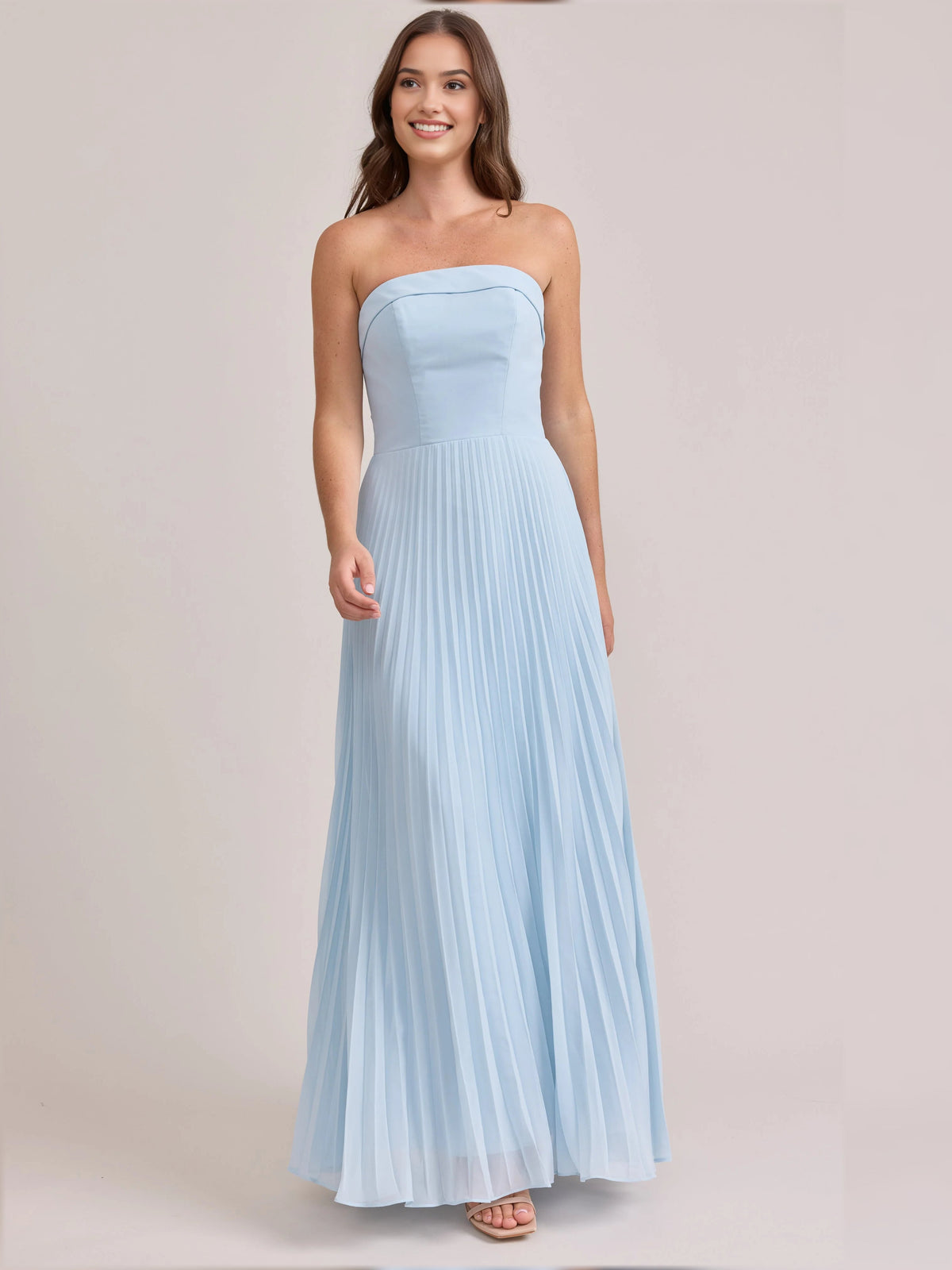 Light blue strapless A-line maxi chiffon dress with pleated skirt and straight neckline