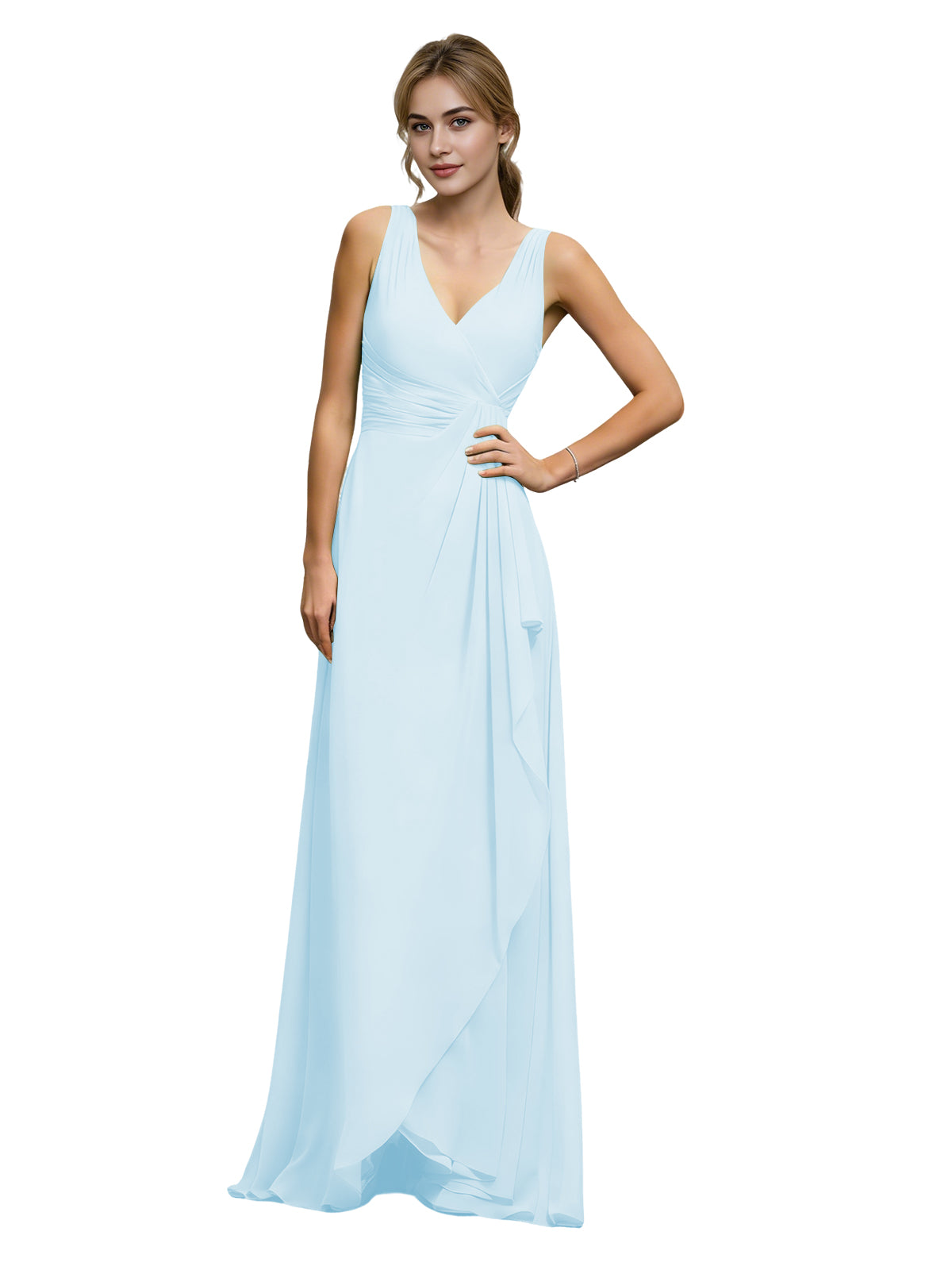 Light blue chiffon bridesmaid dress with halter V-neck and draped sash waist