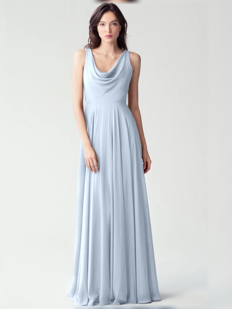 Light blue cowl-neck A-line chiffon floor-length dress, sleeveless