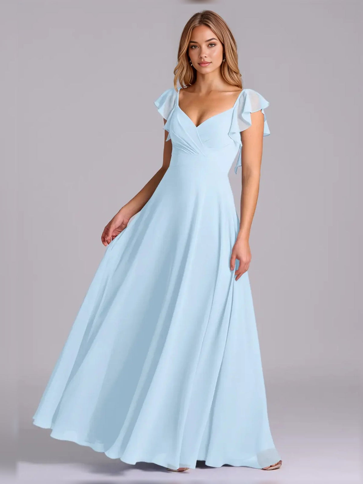 Light blue pleated chiffon A-line maxi dress, V-neck with layered flutter sleeves