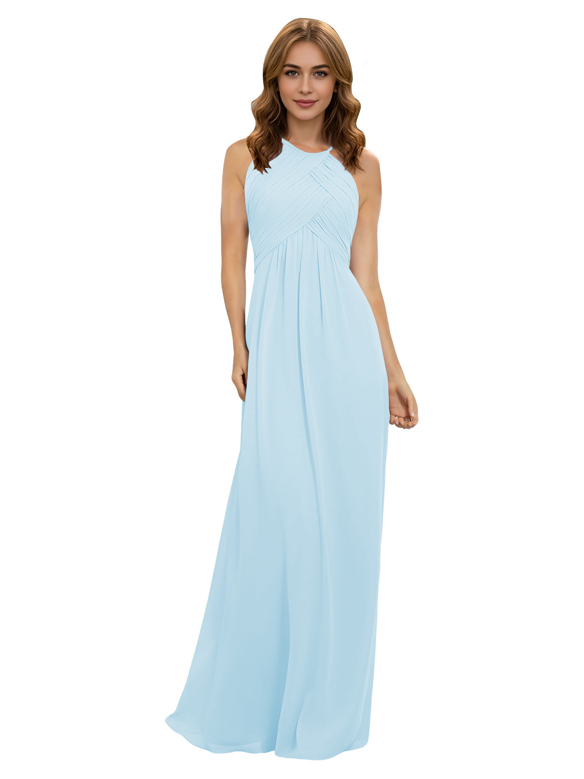 Light blue chiffon bridesmaid dress with halter neckline and twist bodice, sleeveless maxi