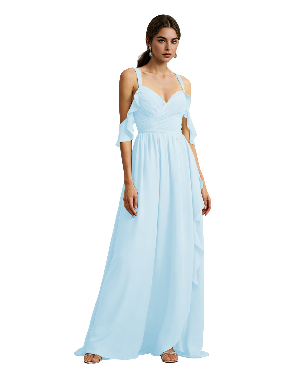 Cold-shoulder chiffon dress in light blue, draped V-neck bodice, flowing maxi skirt