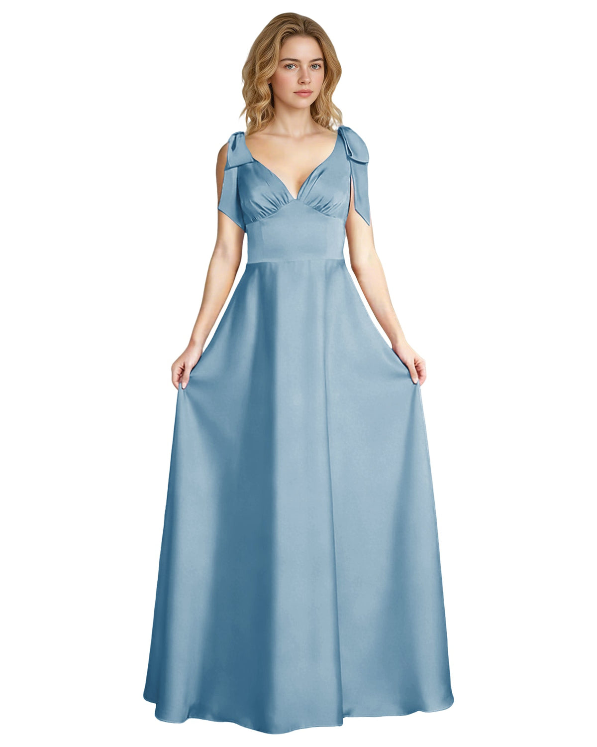 Light blue satin V-neck bridesmaid dress with bow straps and empire waist, sleeveless