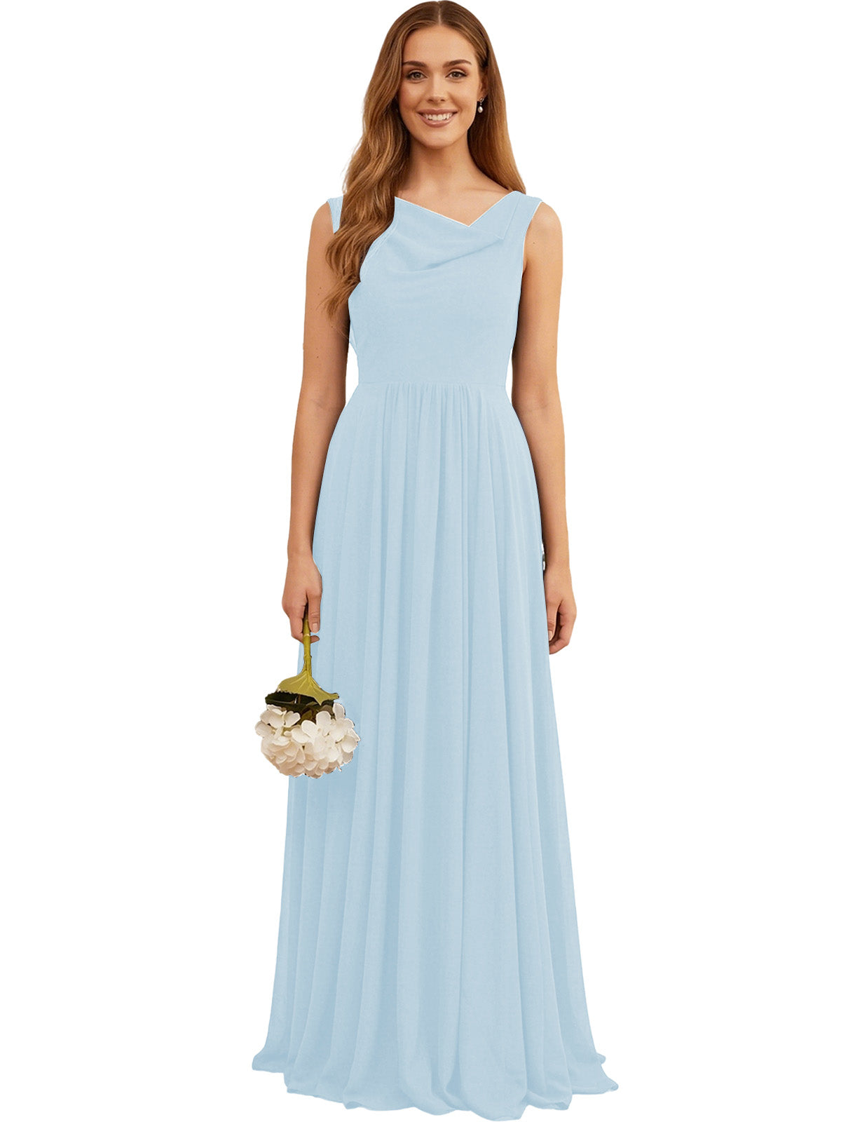 Light blue sleeveless chiffon bridesmaid dress with V-neck and pleated tiers
