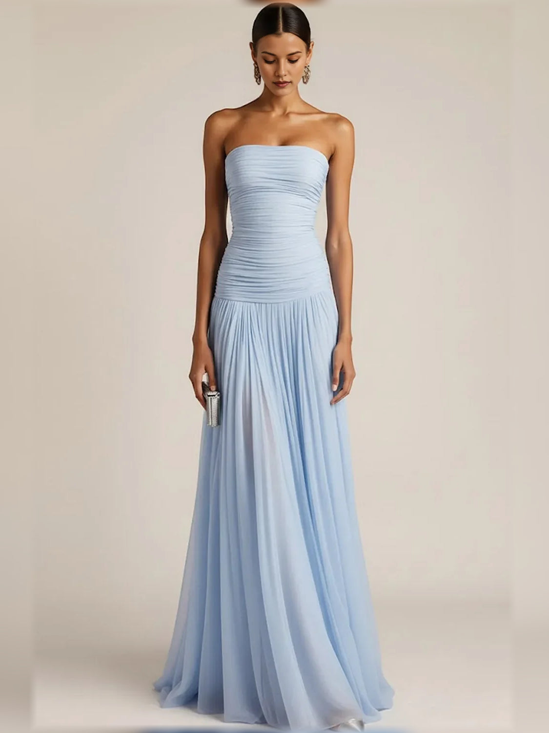Light blue strapless ruched pleated floor-length formal dress, gathered at waist