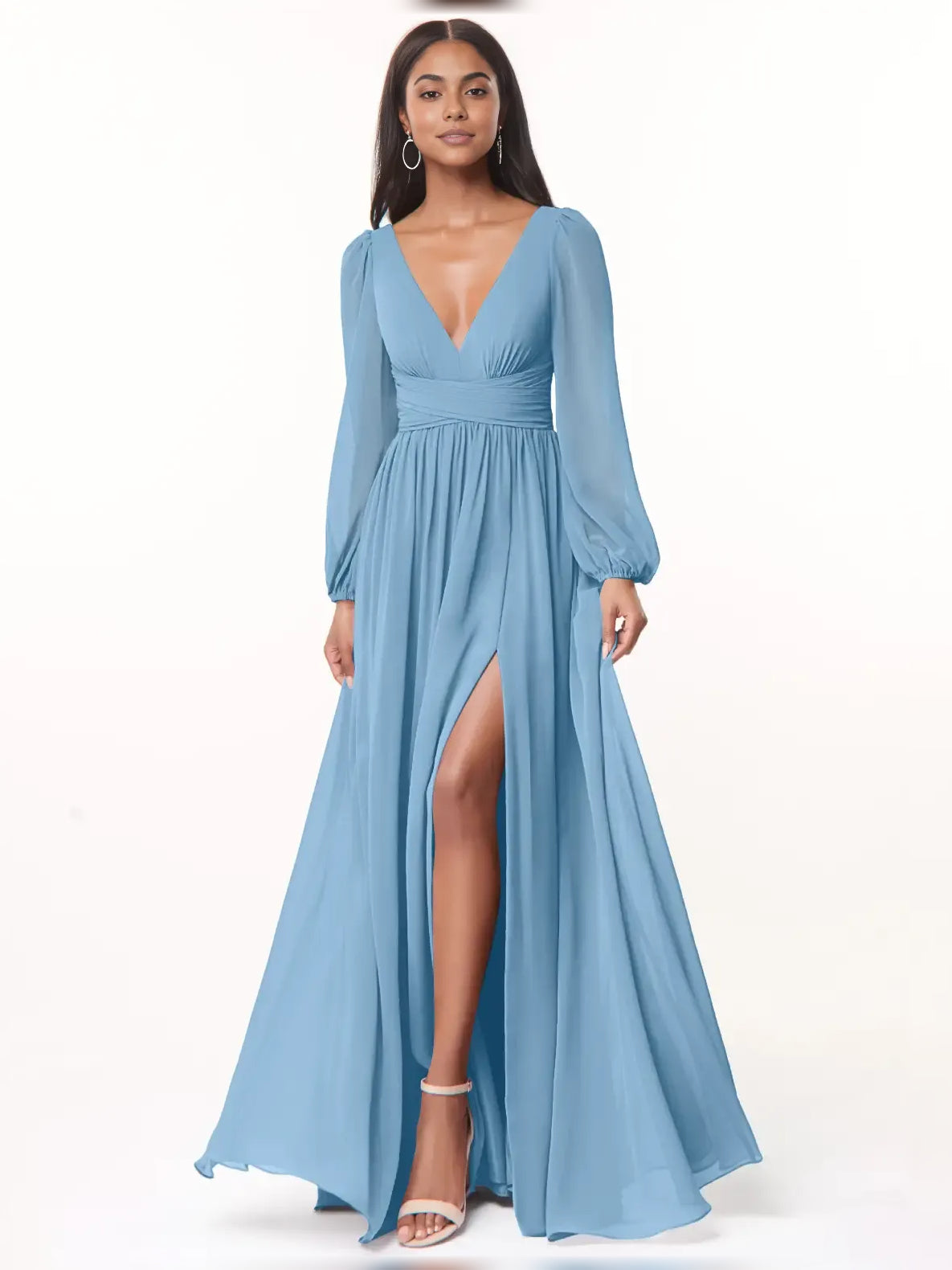 Sky blue slit A-line bridesmaid dress with plunging V-neck and long sleeves