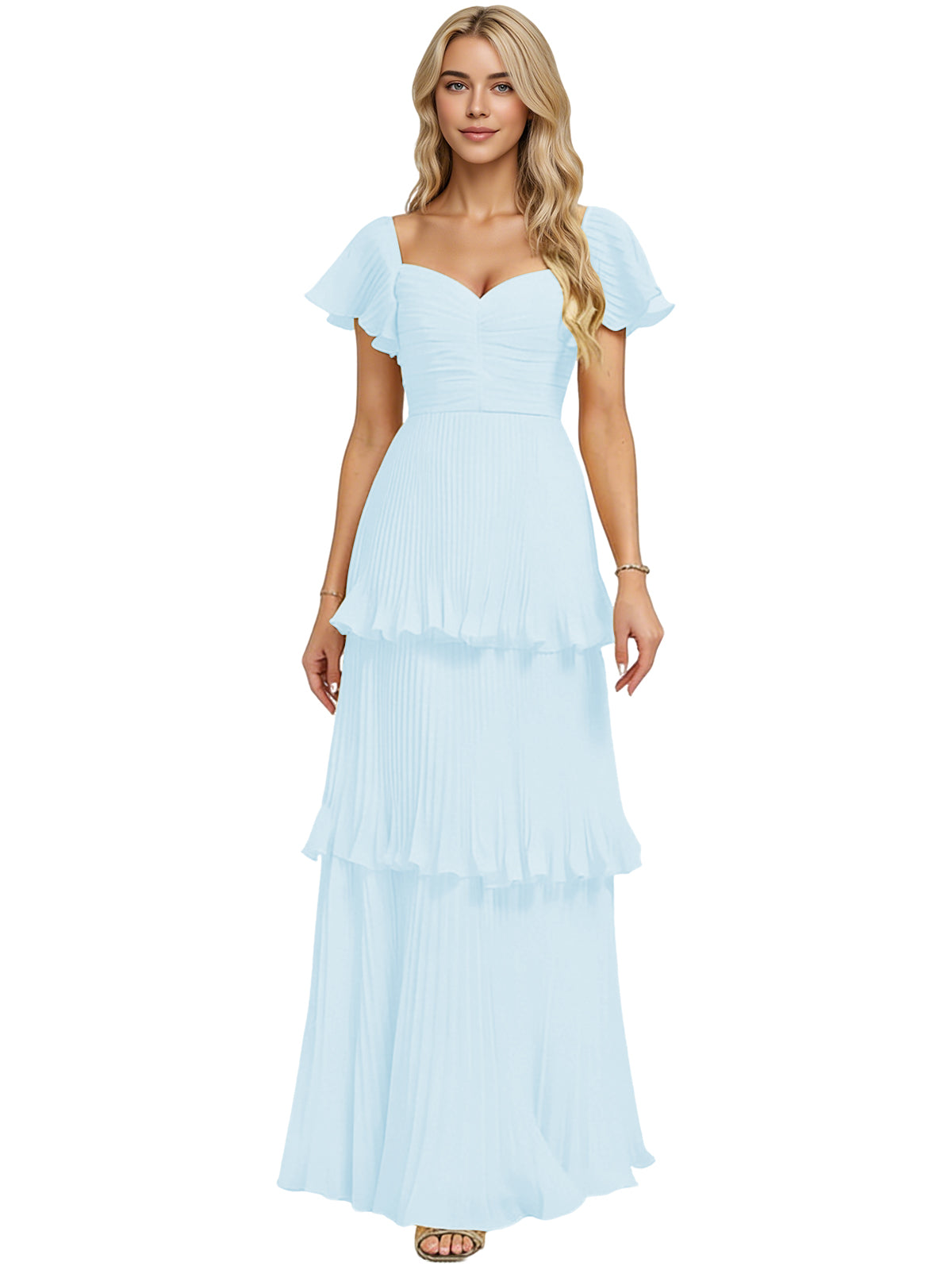 Light blue tiered ruffle chiffon bridesmaid dress with sweetheart neckline and flutter cap sleeves