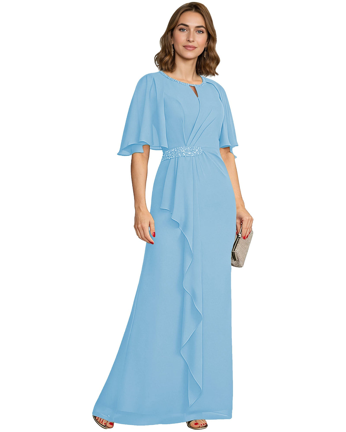 Chiffon A-line mother-of-the-bride dress with flutter sleeves, beaded waist, light blue drape